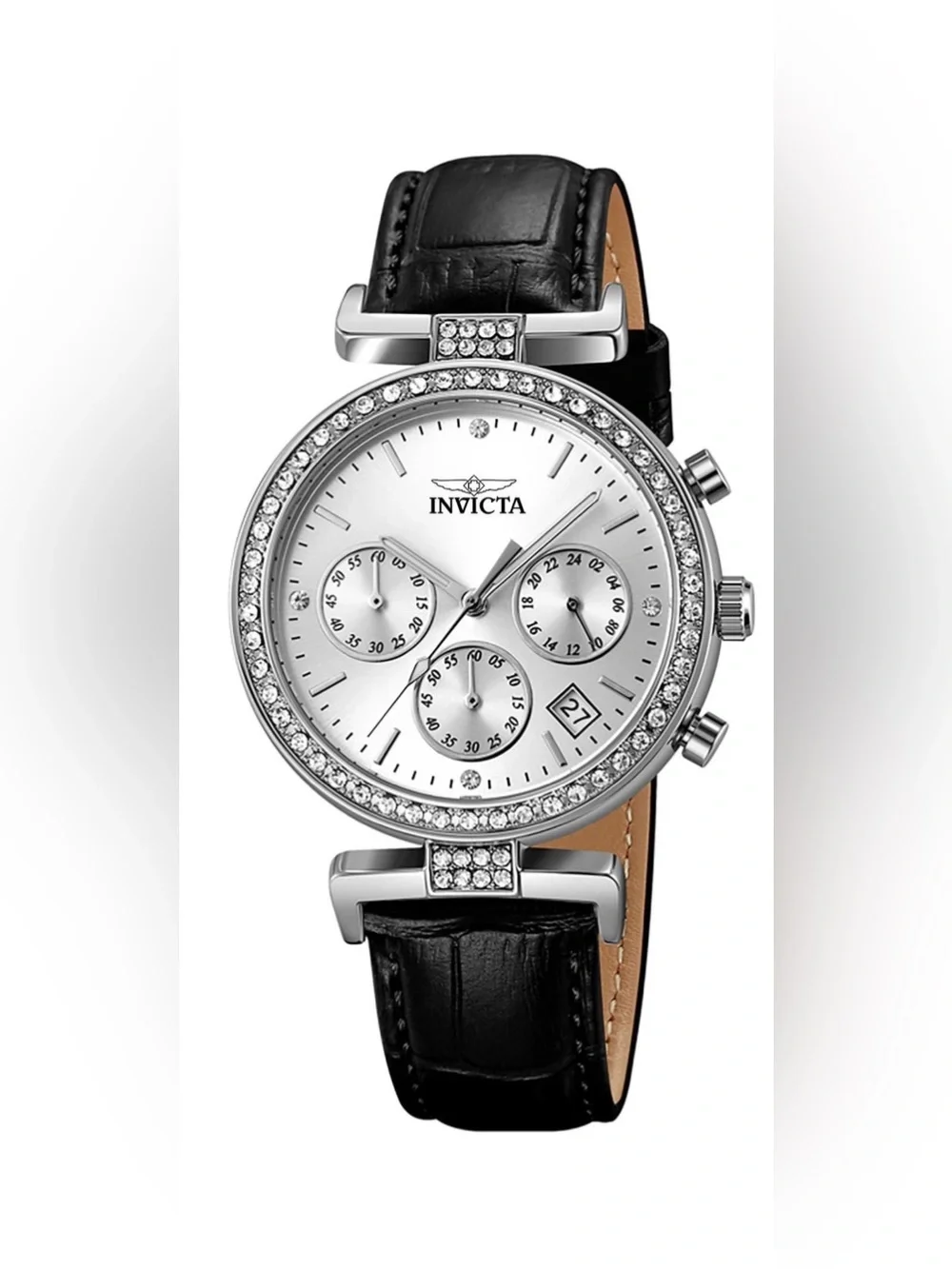Invicta Celestial Lady 38mm Silver Tone Case Silver Metal Dial Black Band SD-007